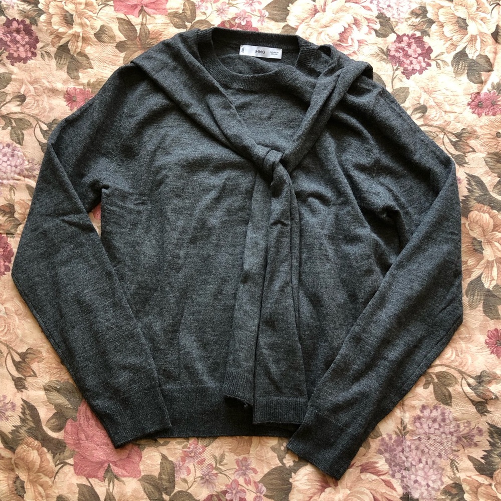 Mango Dark Gray Crewneck Sweater with Front Tie
